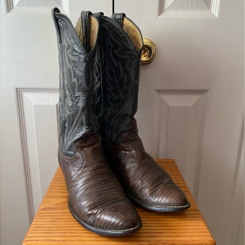Justin 8327 Dark Gray Leather Brown Iguana Lizard Cowboy Western Boots SZ 9
